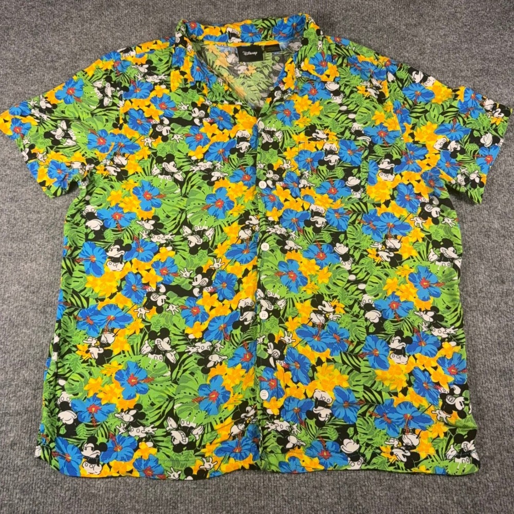 Disney Mickey Mouse Tropical Hibiscus Rayon Button Down Shirt Mens XL Green Blue